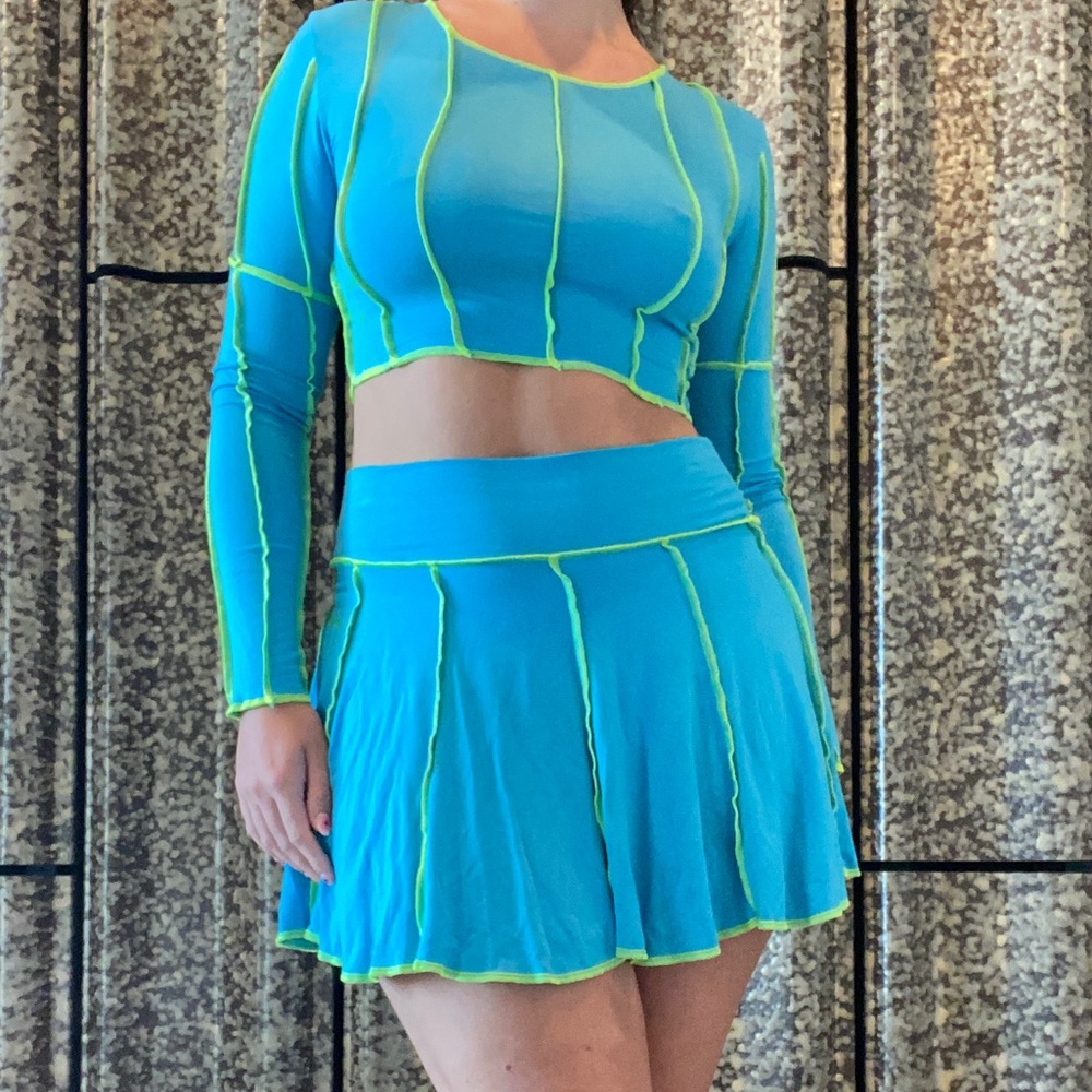 O-Mighty Contrast Stitch Top and Skirt in Neon